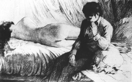 Two women, one naked and turned away, the other pensive - etching